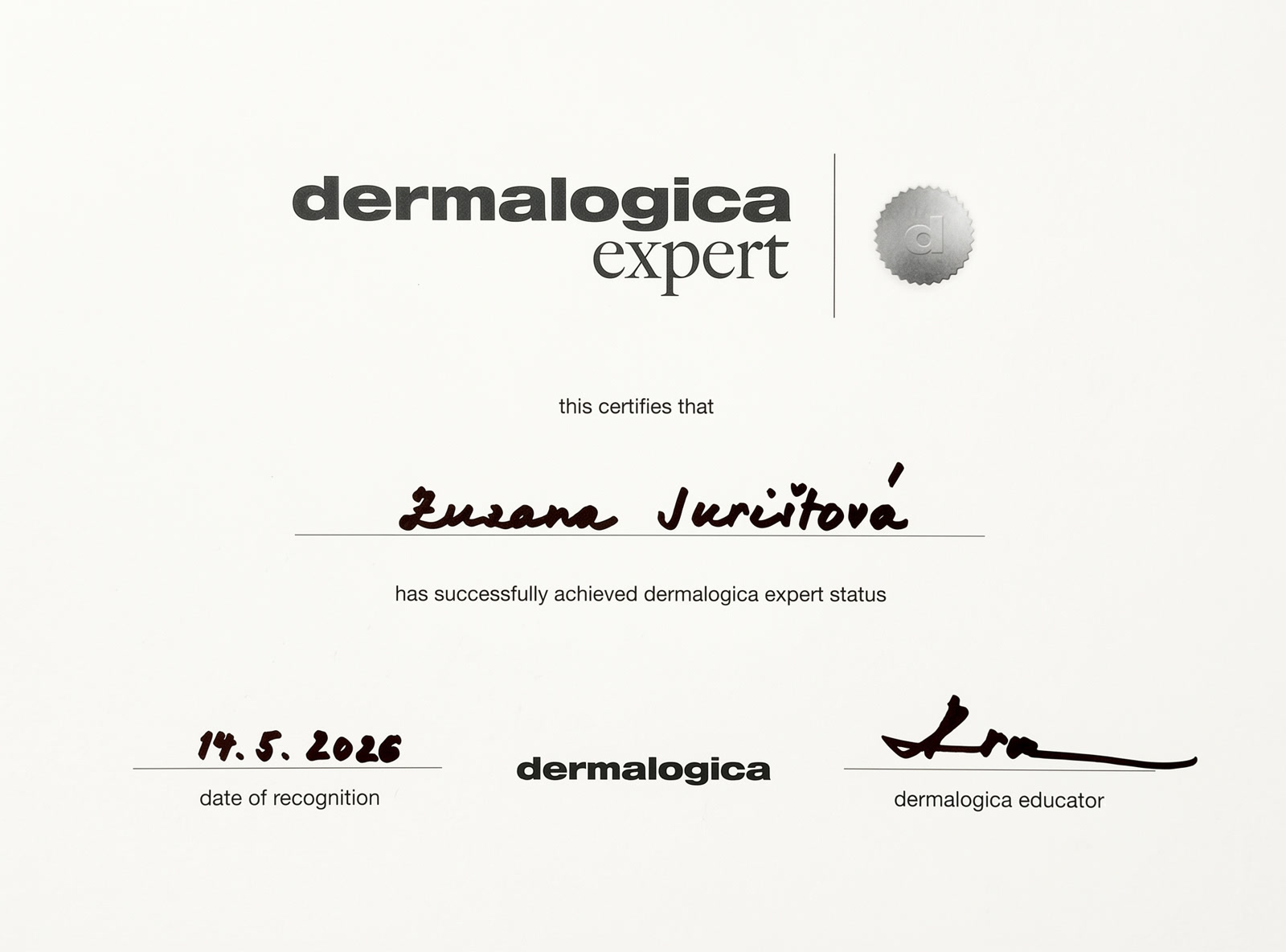 Dermalogica Expert certifikát — Zuzana Jurištová